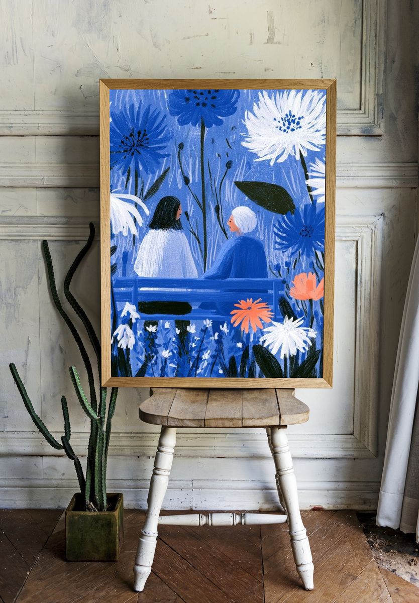 Blue Garden Conversation Illustration Poster. — room view 1
