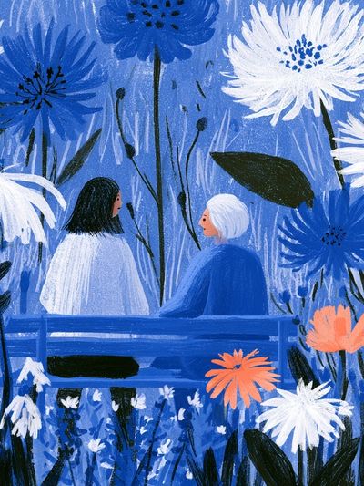 Blue Garden Conversation Illustration Poster. poster