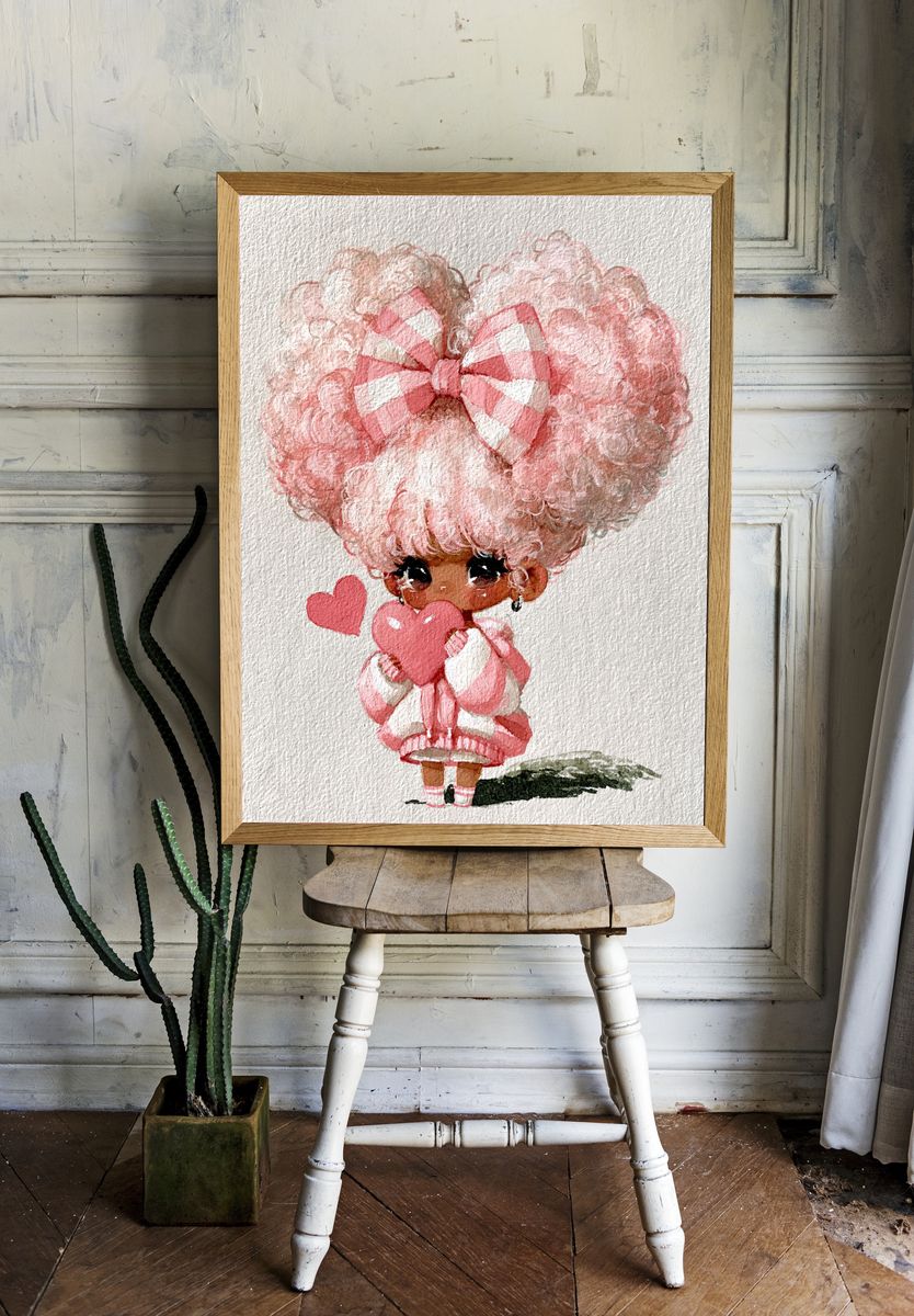 Pink Heart Doll Watercolor Print. room preview
