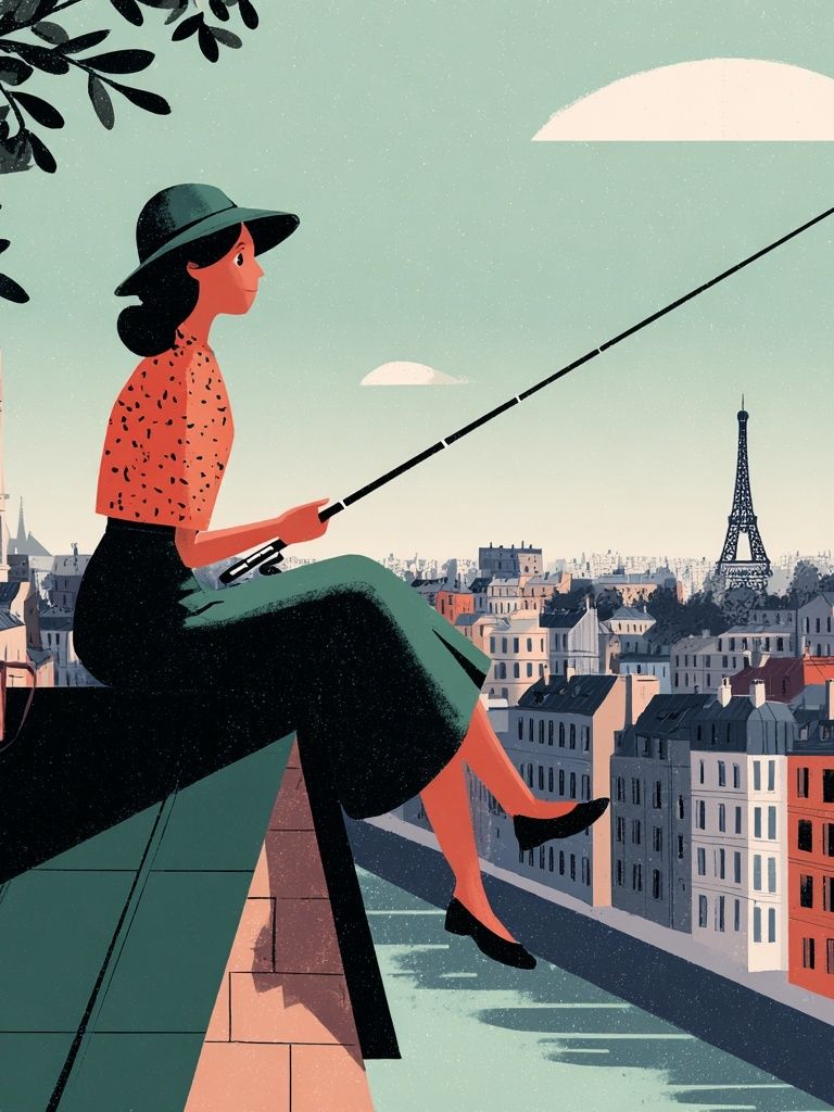Paris Rooftop Fisherwoman Illustration Poster. poster — illustration art