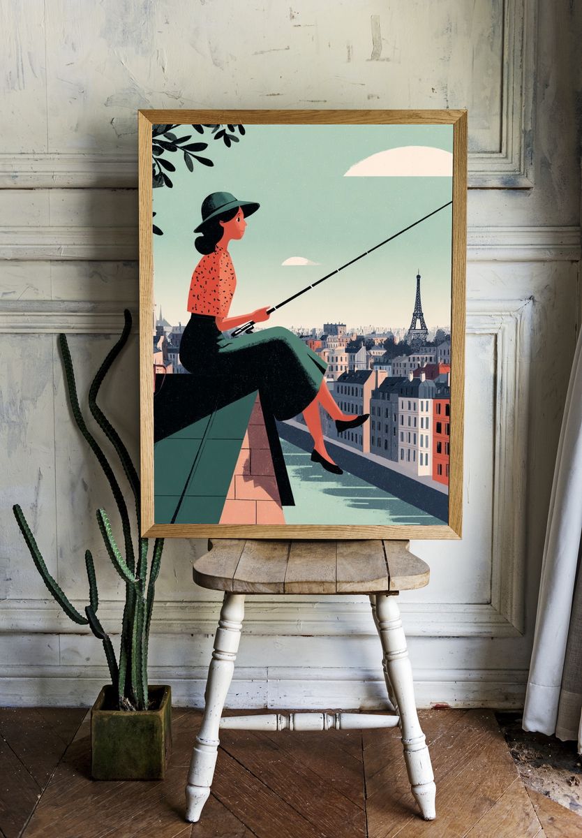 Paris Rooftop Fisherwoman Illustration Poster. — room view 1