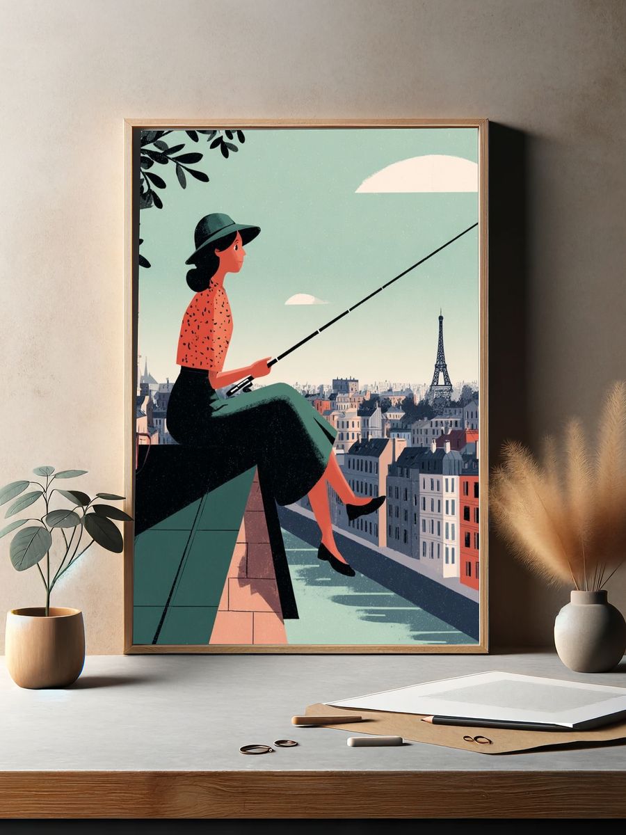Paris Rooftop Fisherwoman Illustration Poster. — room view 2