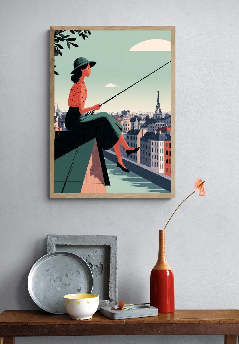 Paris Rooftop Fisherwoman Illustration Poster. — room view 3