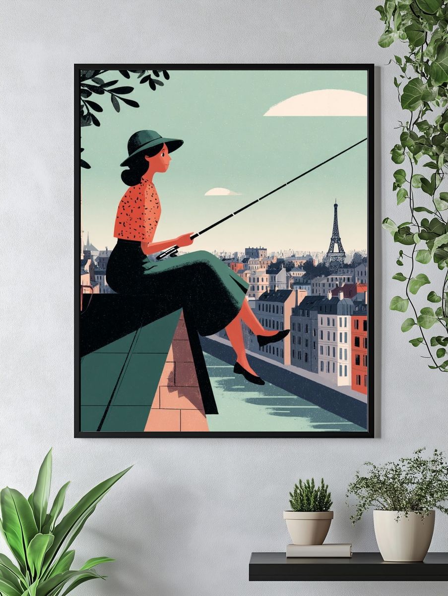 Paris Rooftop Fisherwoman Illustration Poster. — room view 4
