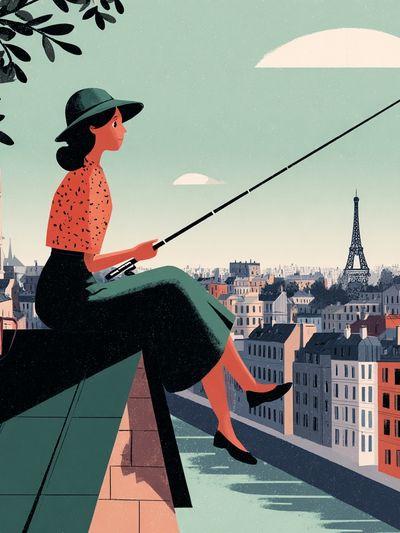 Paris Rooftop Fisherwoman Illustration Poster. poster print