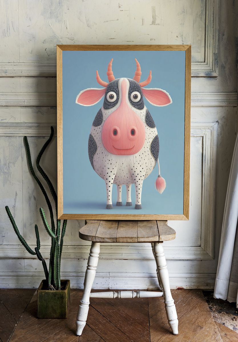 Whimsical Cow Illustration Poster. — room view 1