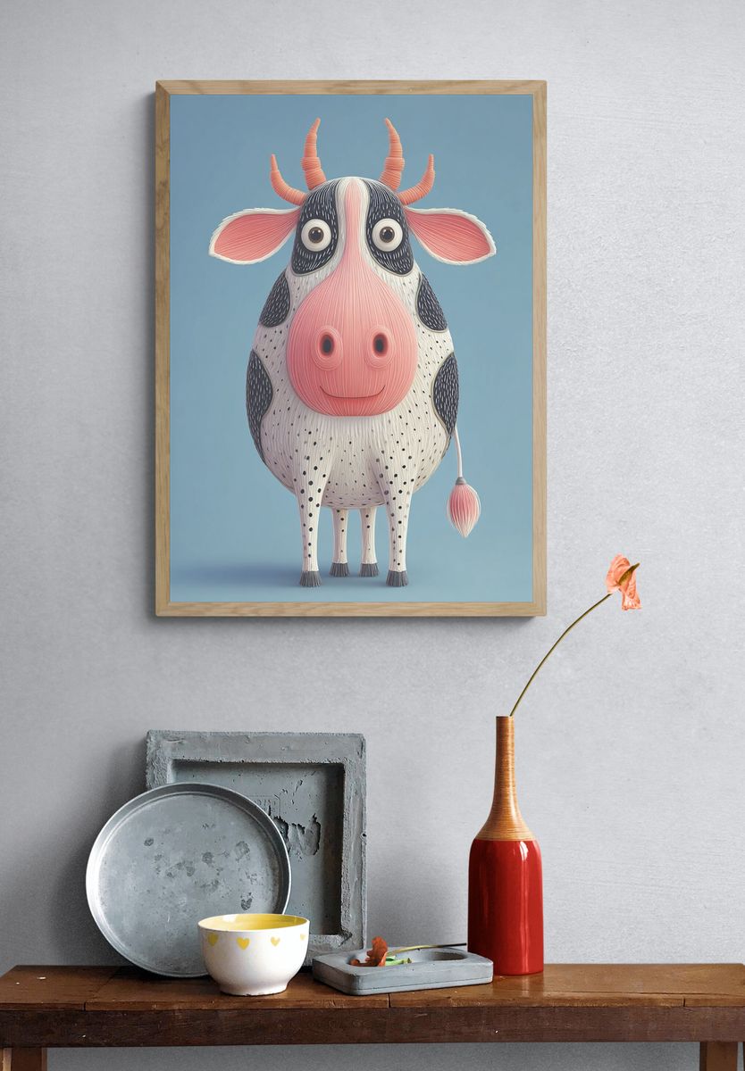 Whimsical Cow Illustration Poster. — room view 3