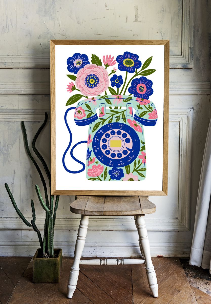 Floral Rotary Phone Illustration Poster. room preview