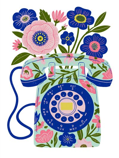 Floral Rotary Phone Illustration Poster.