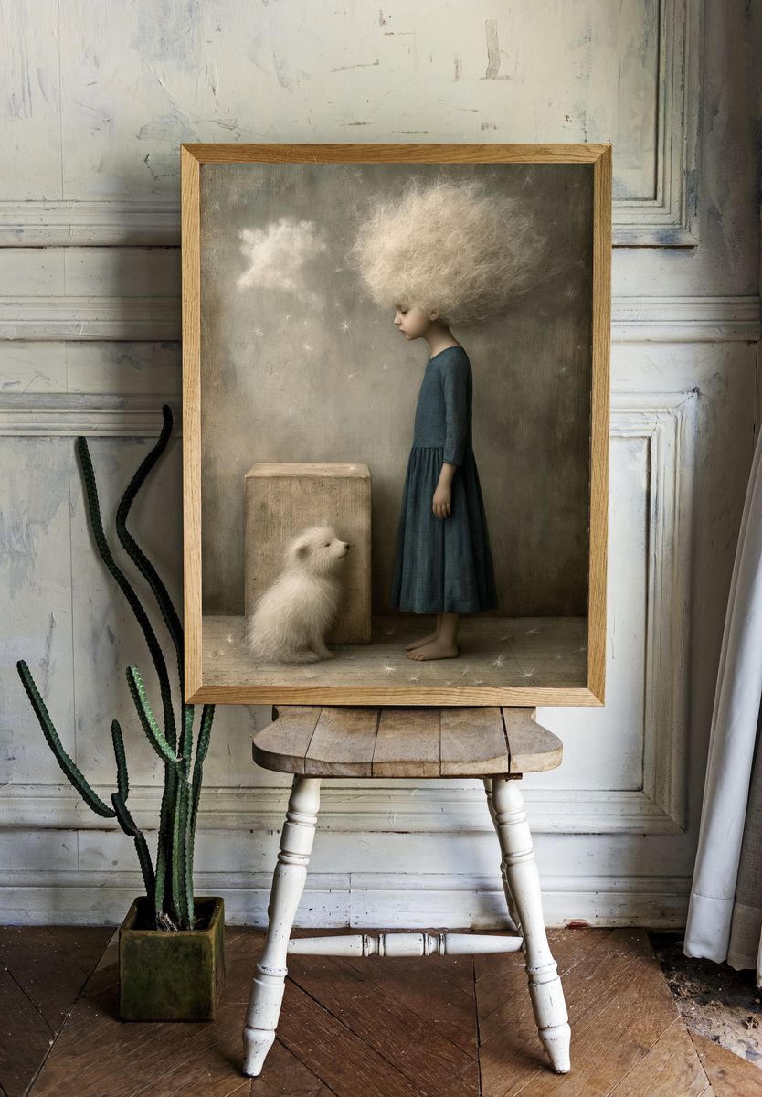 Dreamy Girl and Puppy Illustration Poster. — room view 1