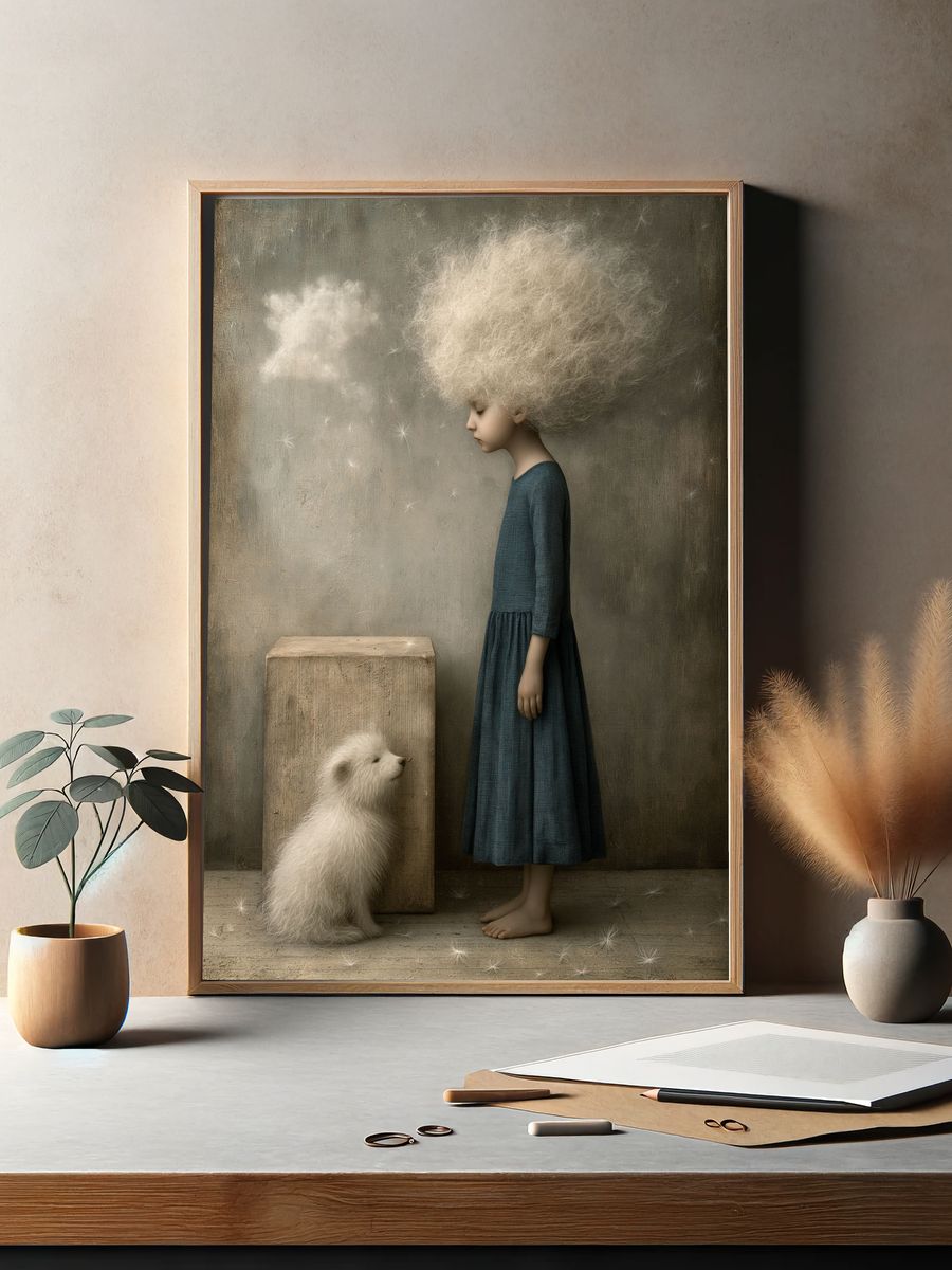 Dreamy Girl and Puppy Illustration Poster. — room view 2