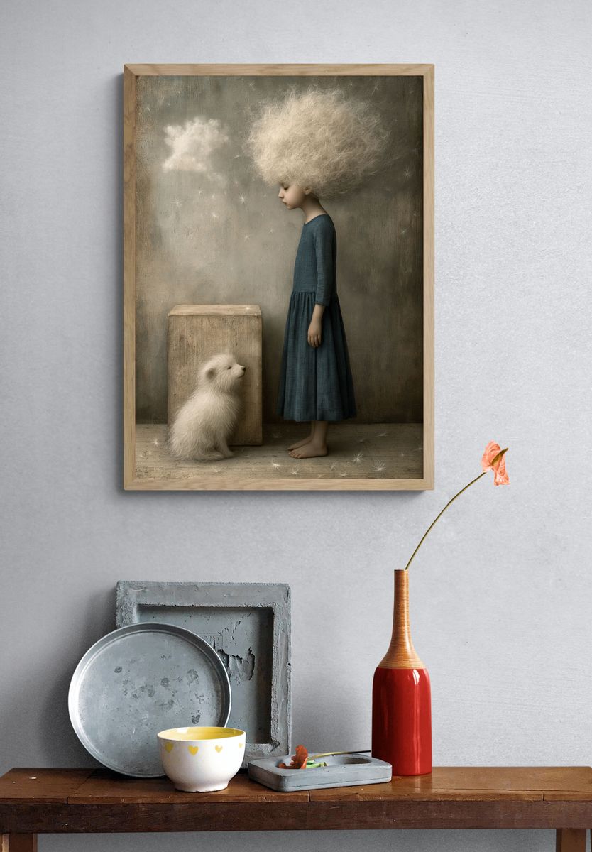 Dreamy Girl and Puppy Illustration Poster. — room view 3
