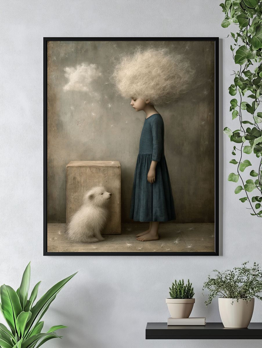 Dreamy Girl and Puppy Illustration Poster. — room view 4