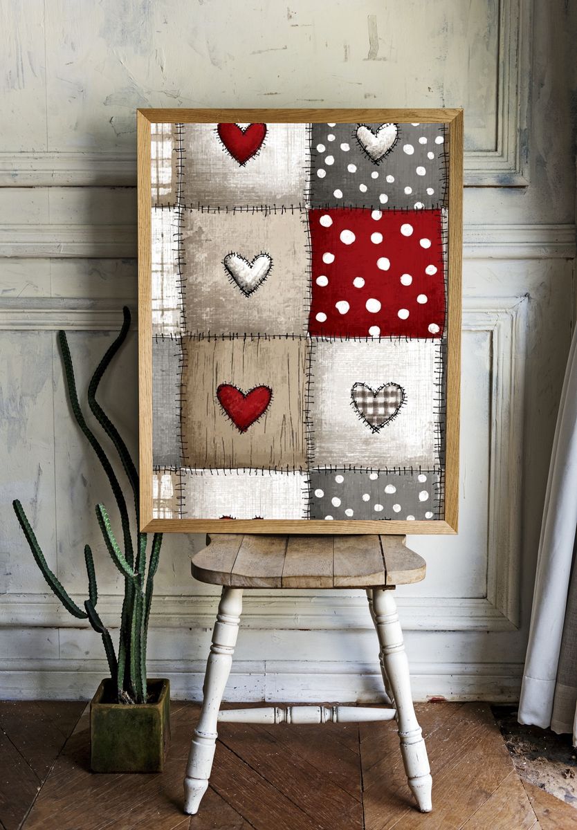 Patchwork Hearts Folk Art Poster. — room view 1