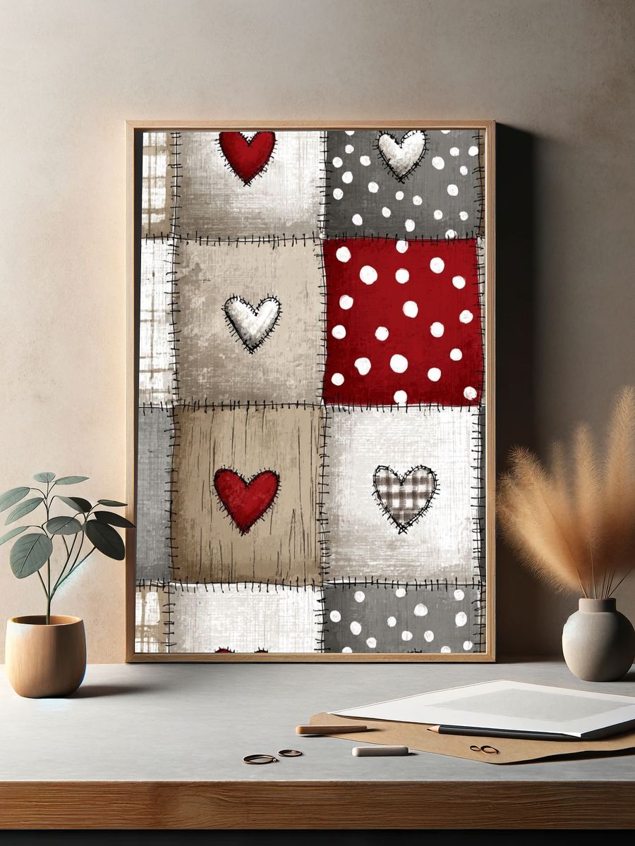 Patchwork Hearts Folk Art Poster. — room view 2