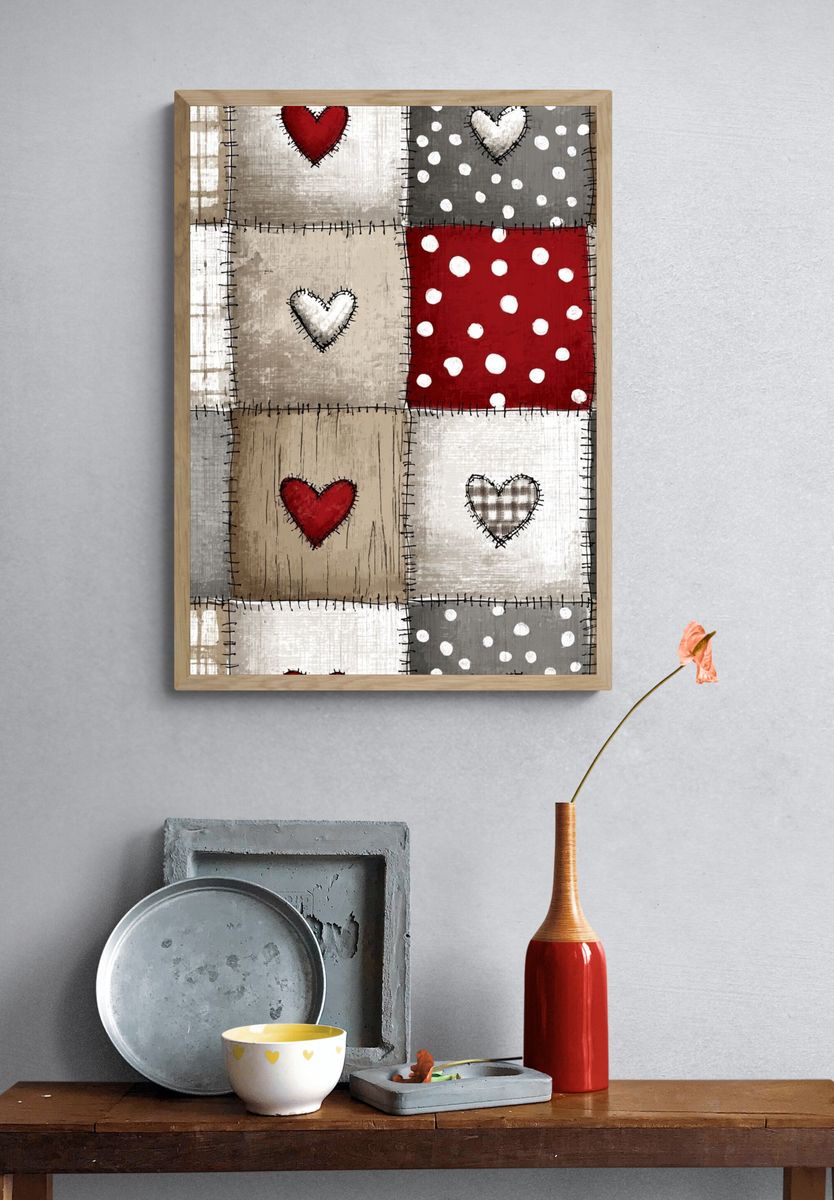 Patchwork Hearts Folk Art Poster. — room view 3