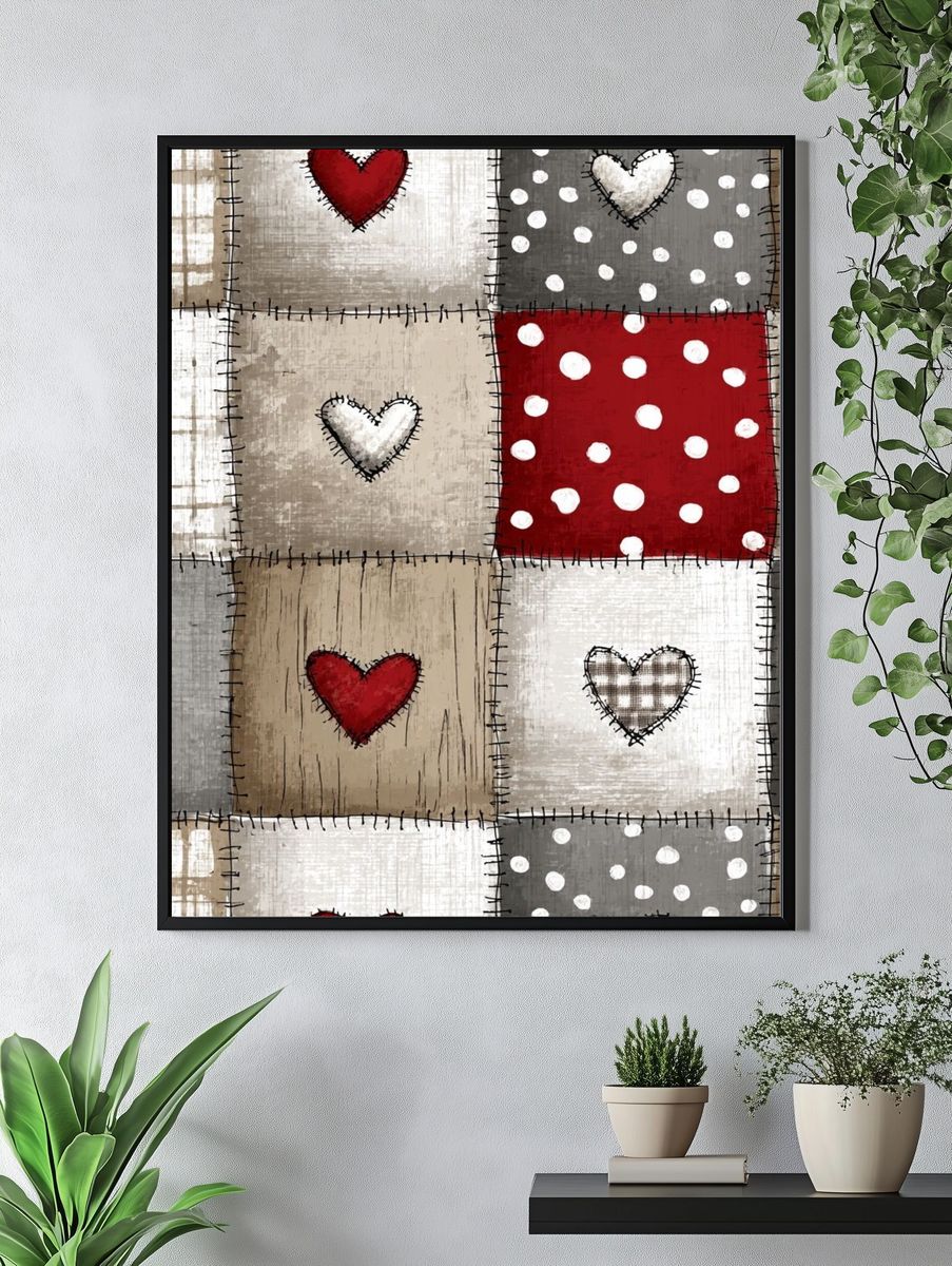 Patchwork Hearts Folk Art Poster. — room view 4