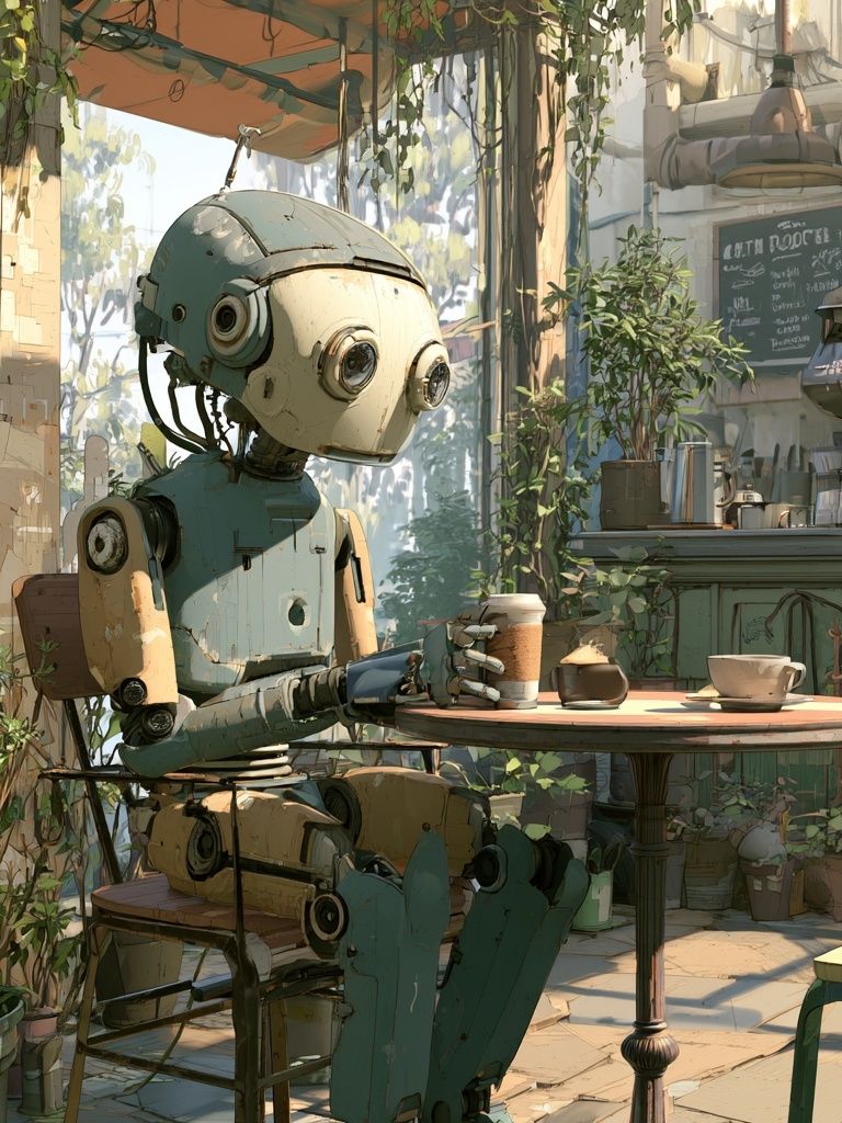 Robot Café Scene Illustration Poster. poster — illustration art