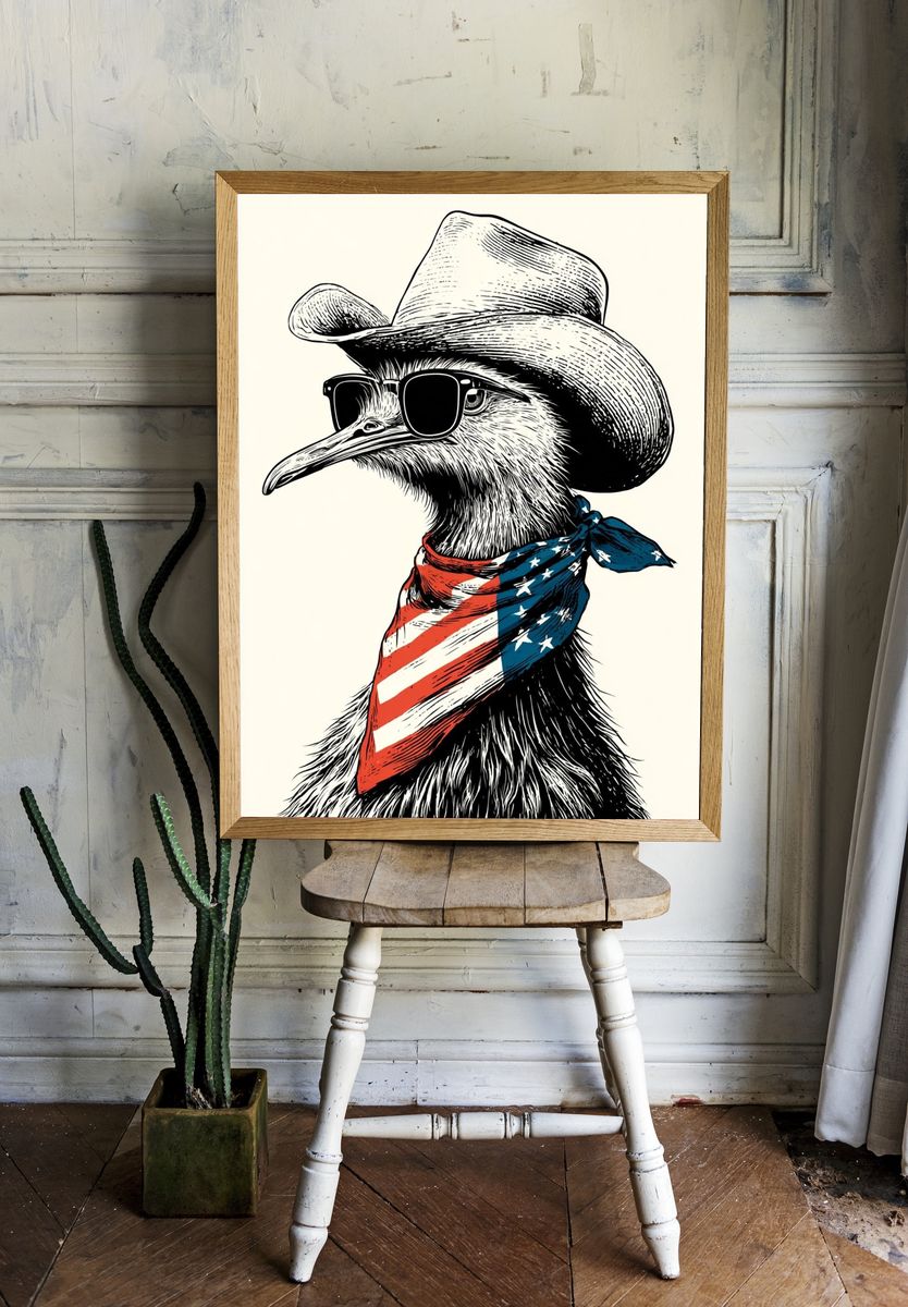 Cowboy Ostrich Illustration Poster. room preview