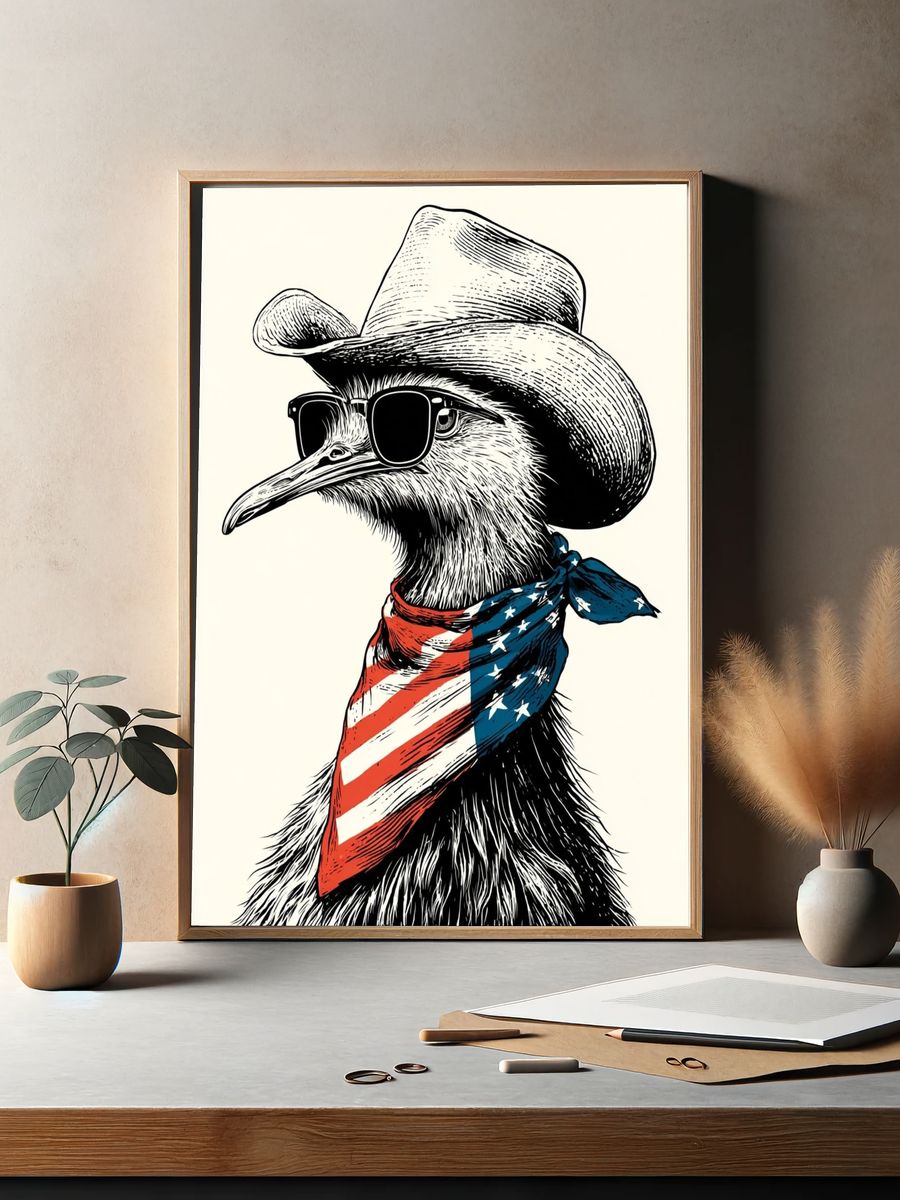 Cowboy Ostrich Illustration Poster. — room view 2