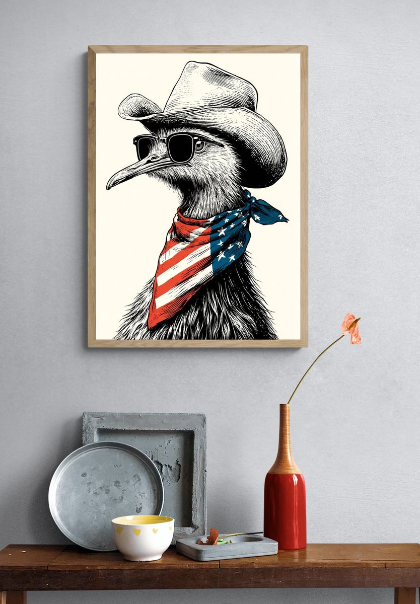Cowboy Ostrich Illustration Poster. — room view 3