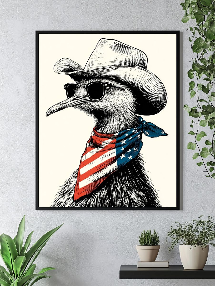Cowboy Ostrich Illustration Poster. — room view 4