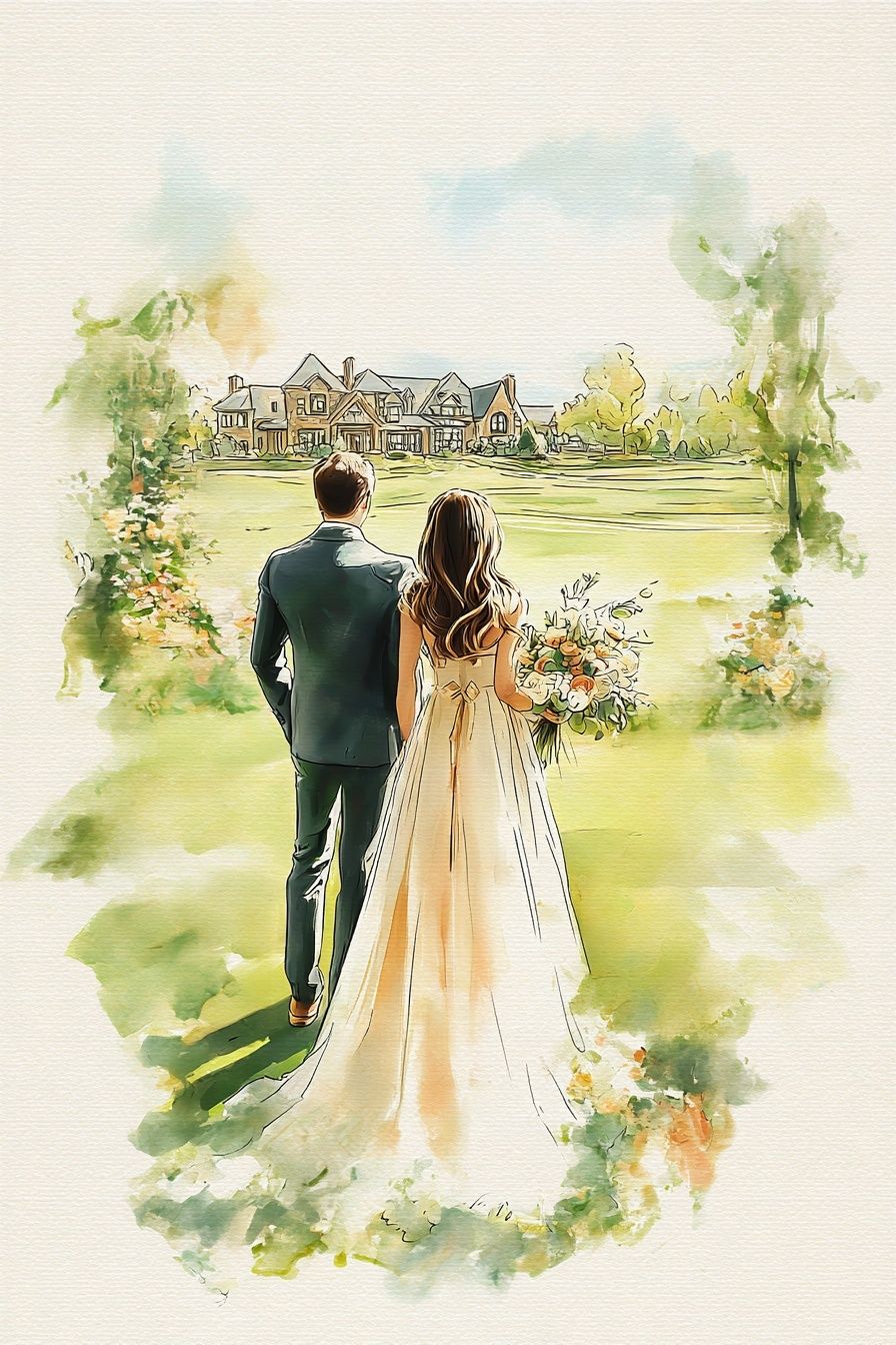 Wedding Couple Watercolor Print. poster — illustration art