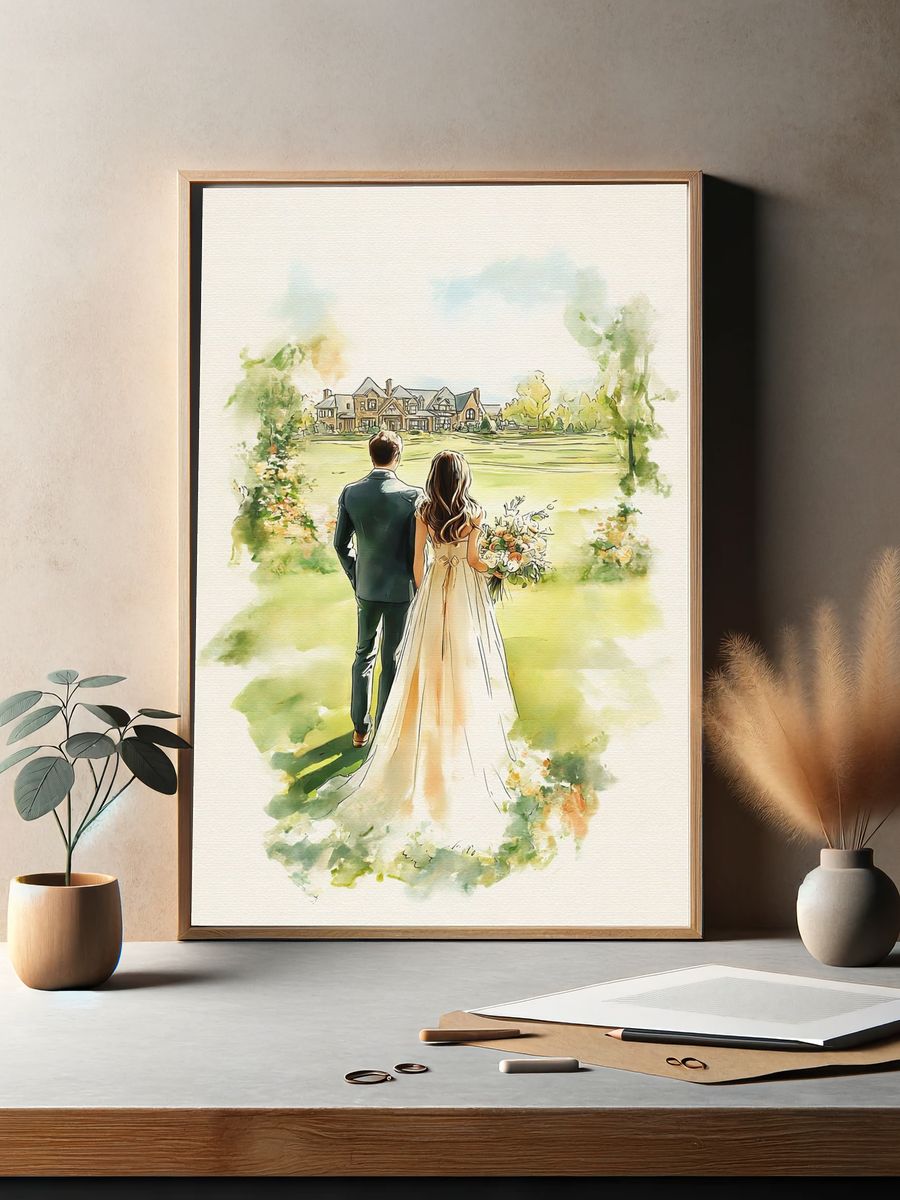 Wedding Couple Watercolor Print. — room view 2
