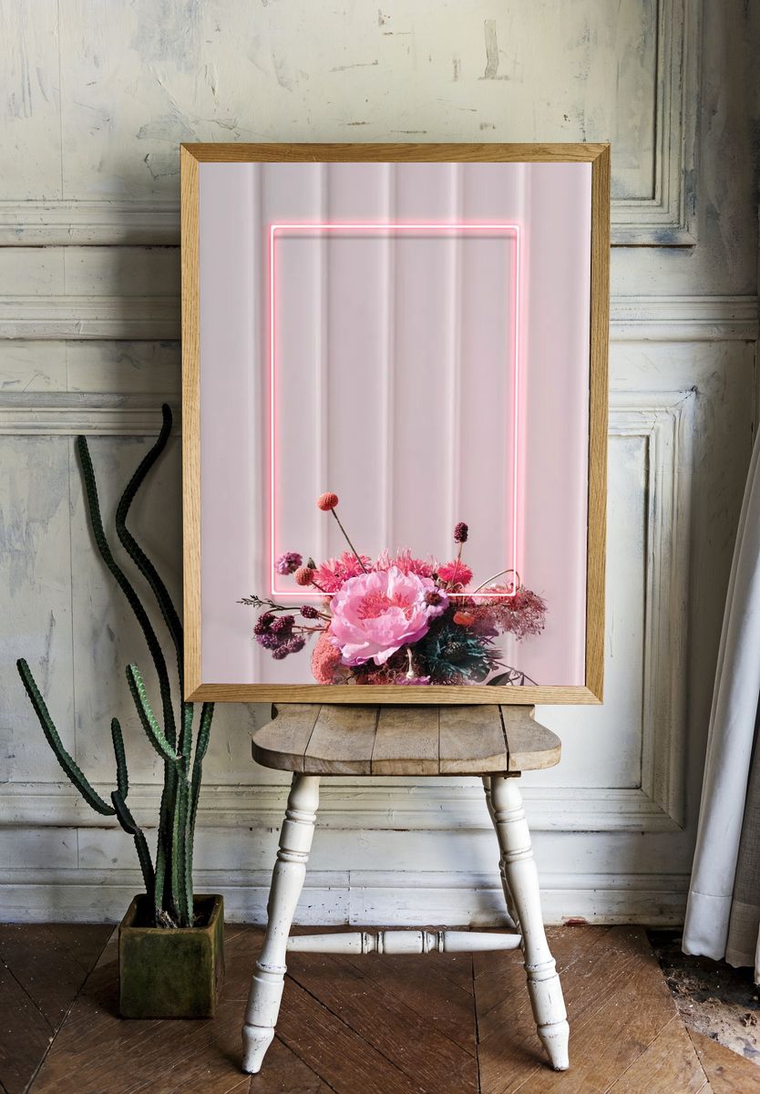 Blank floral neon rectangle frame. — room view 1