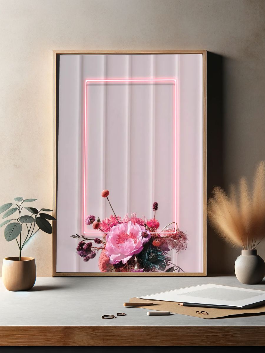 Blank floral neon rectangle frame. — room view 2