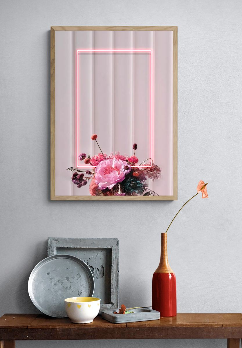 Blank floral neon rectangle frame. — room view 3
