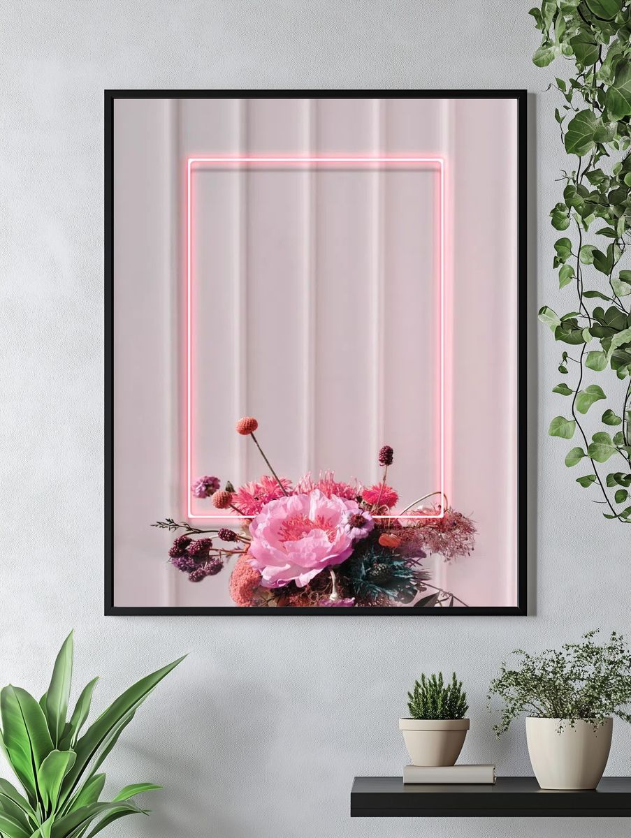 Blank floral neon rectangle frame. — room view 4