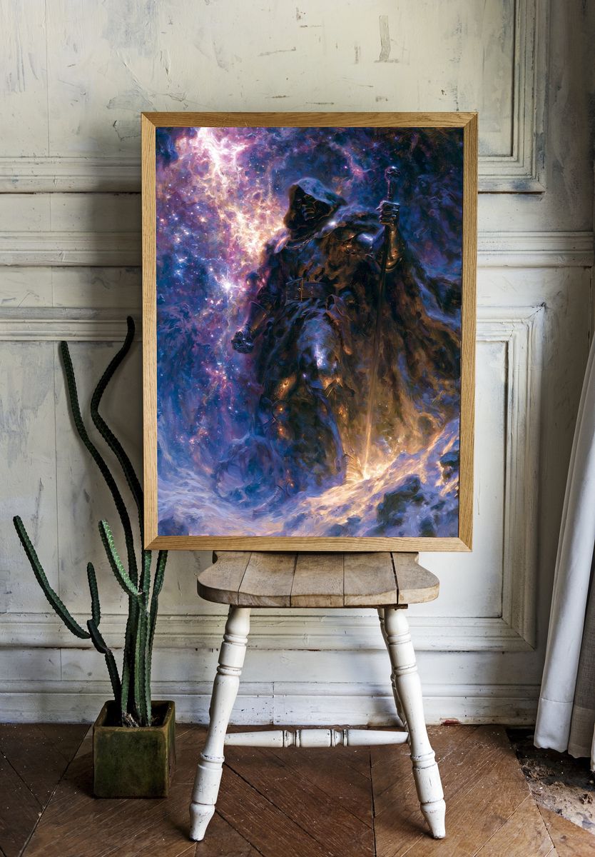 Dark Hooded Warrior Fantasy Print. room preview