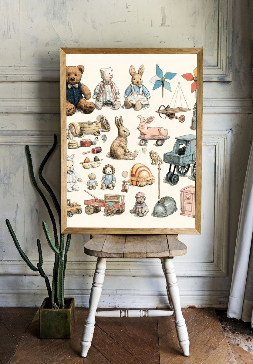 Vintage Toy Animals Illustration Poster. — room view 1