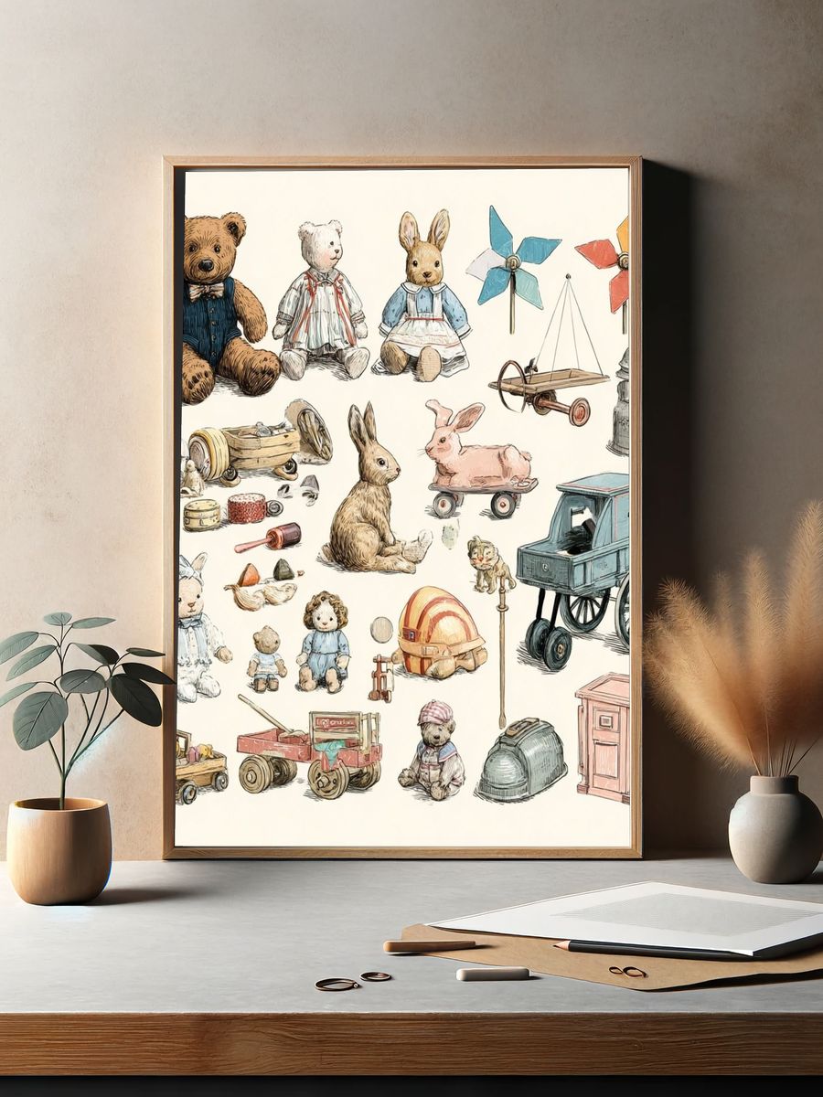 Vintage Toy Animals Illustration Poster. — room view 2