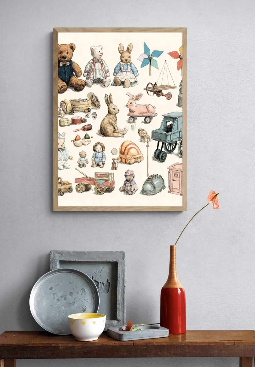 Vintage Toy Animals Illustration Poster. — room view 3