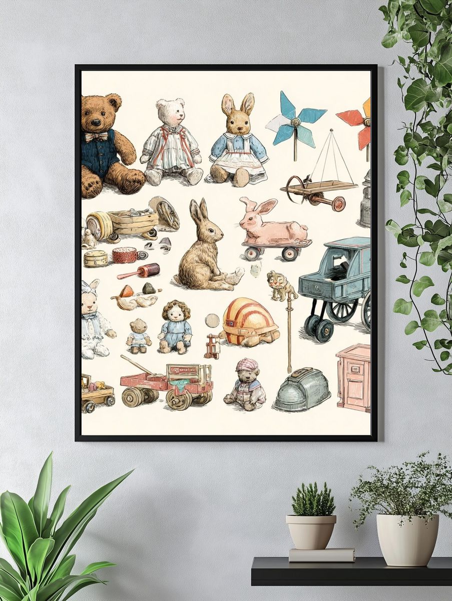 Vintage Toy Animals Illustration Poster. — room view 4