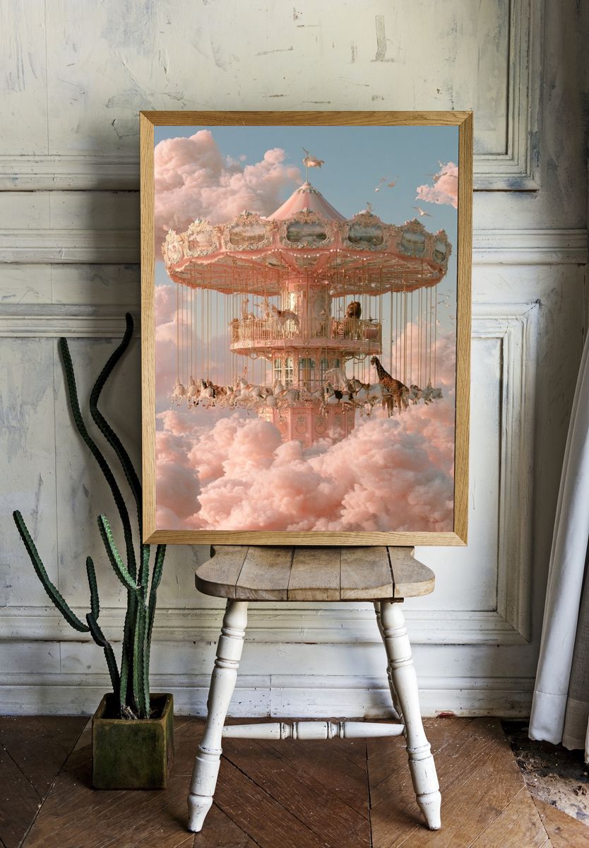Dreamy Carousel in Clouds Poster. — room view 1