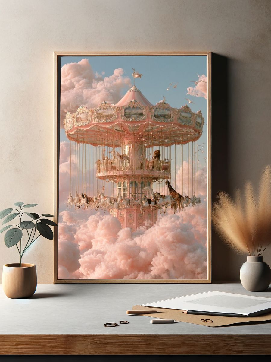 Dreamy Carousel in Clouds Poster. — room view 2