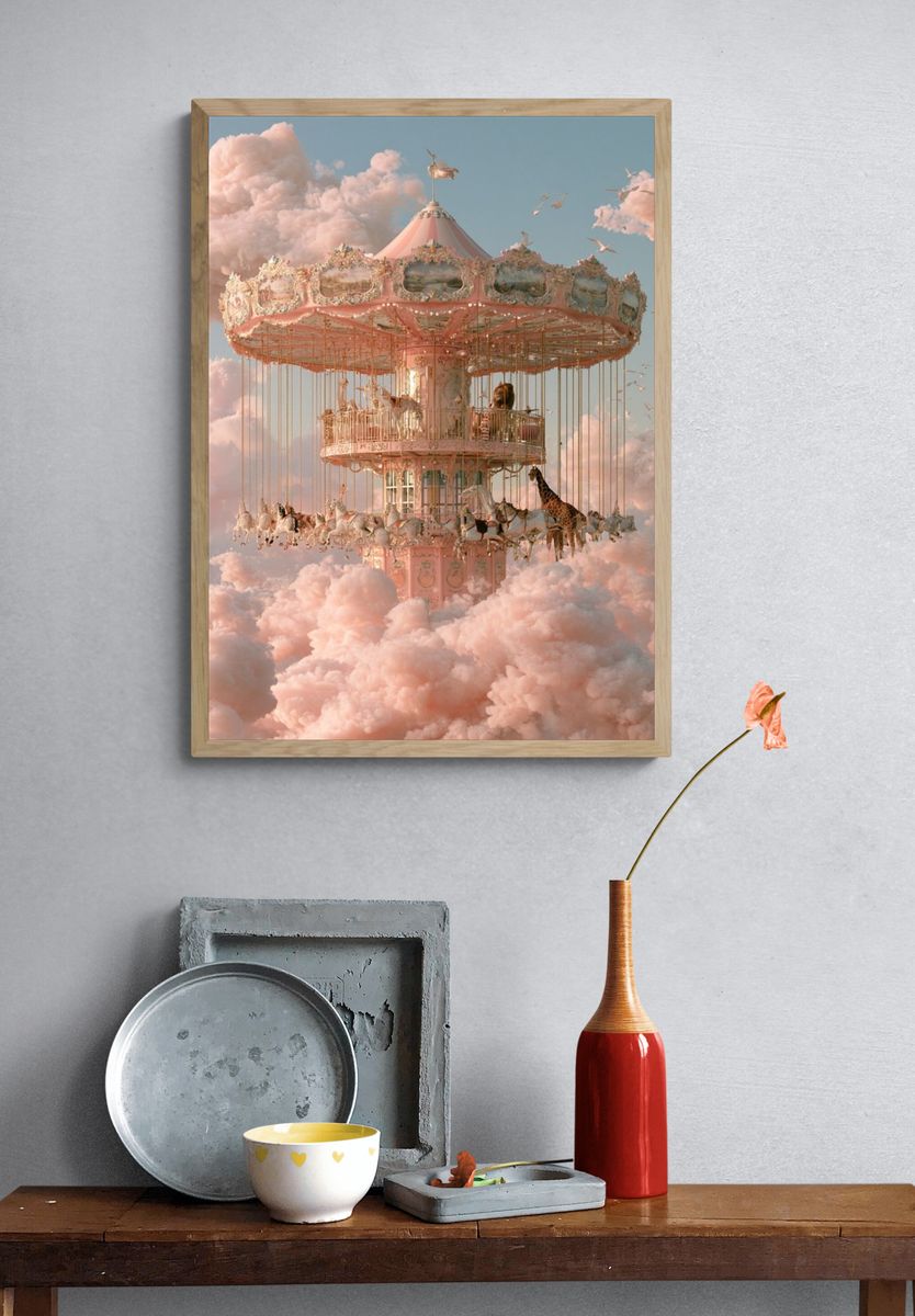 Dreamy Carousel in Clouds Poster. — room view 3
