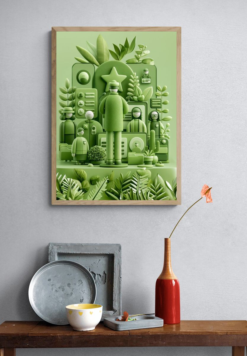 Green Paper Cut People Illustration Poster. — room view 3