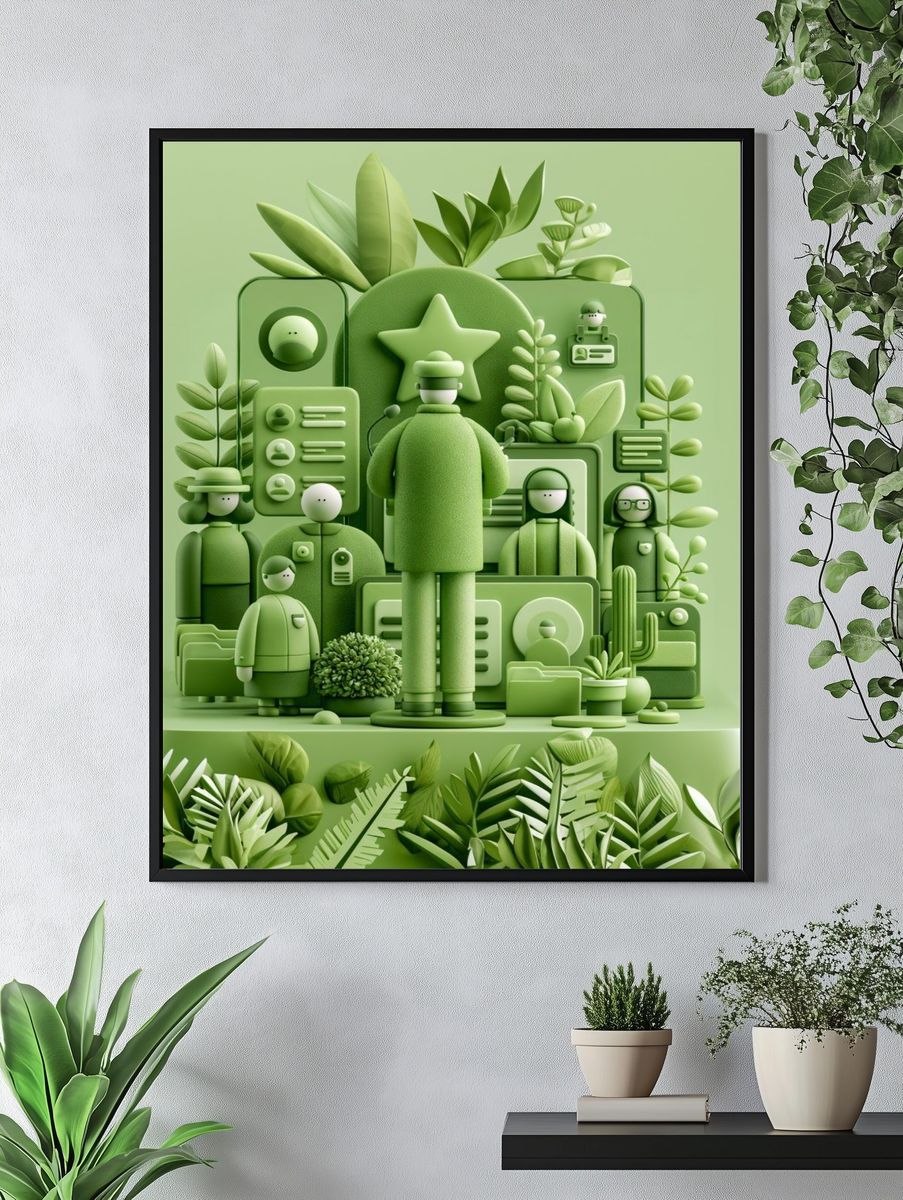Green Paper Cut People Illustration Poster. — room view 4