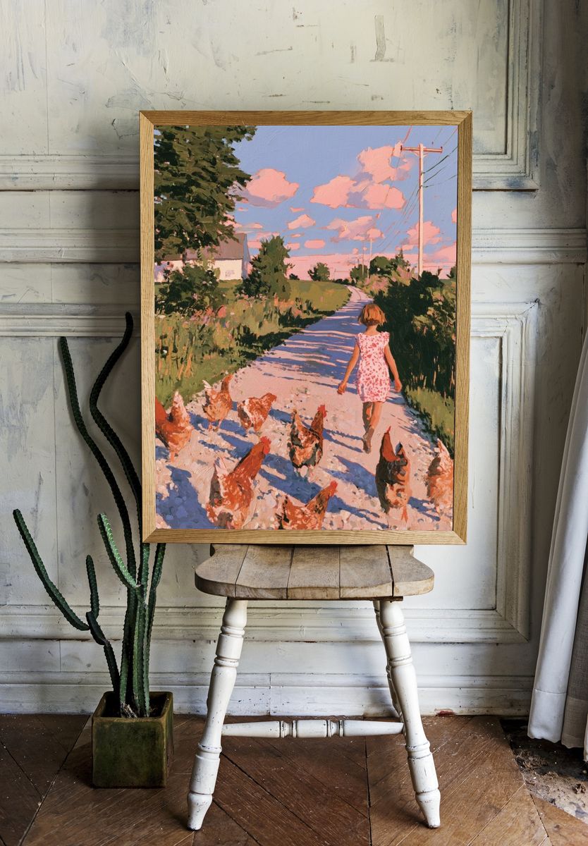 Country Walk with Chickens Print. room preview