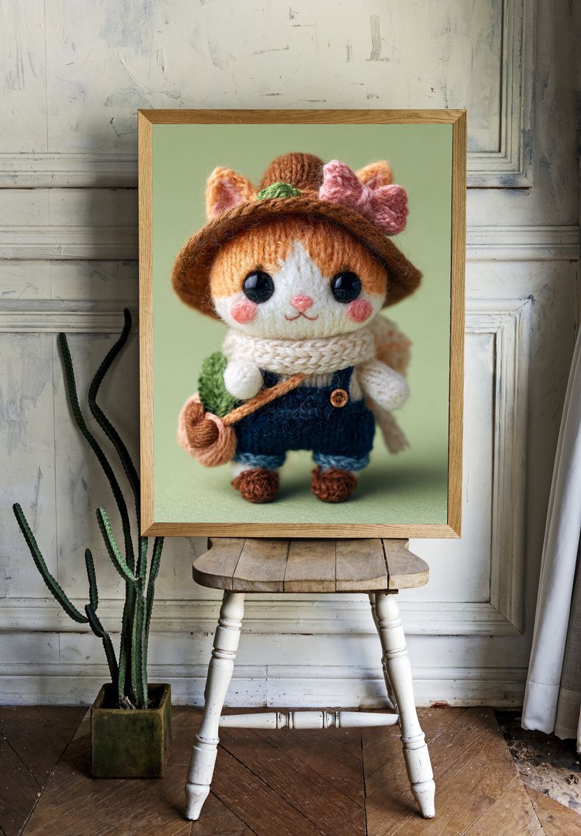 Knitted Cat Doll Illustration Poster. — room view 1