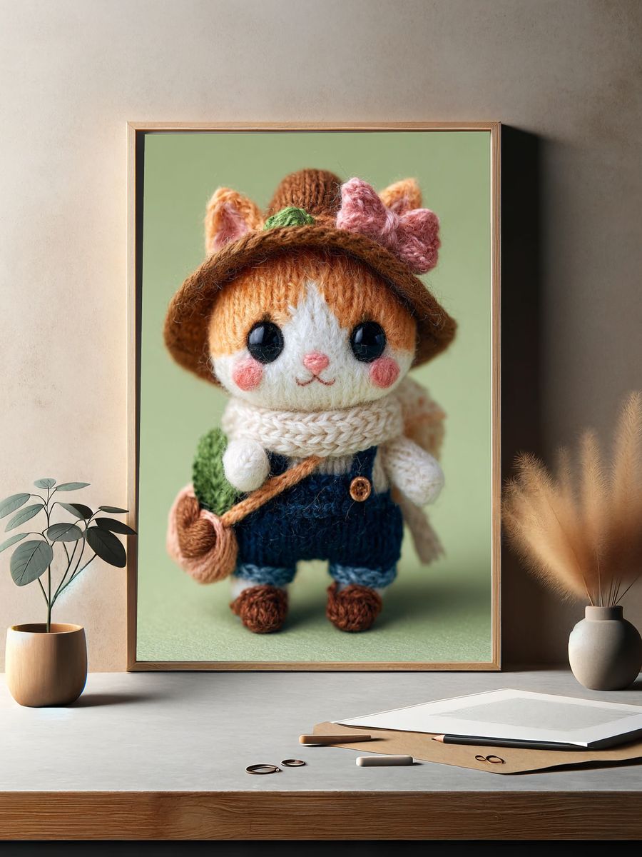 Knitted Cat Doll Illustration Poster. — room view 2