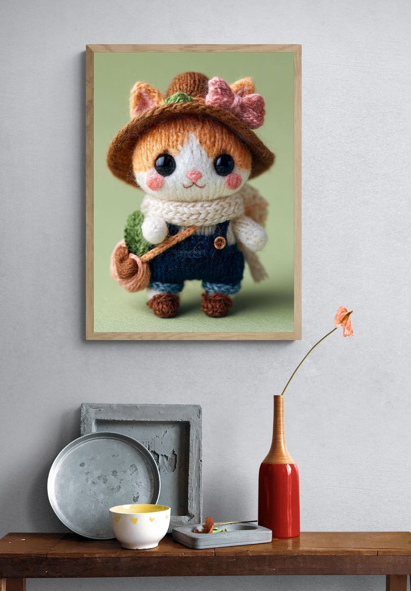 Knitted Cat Doll Illustration Poster. — room view 3