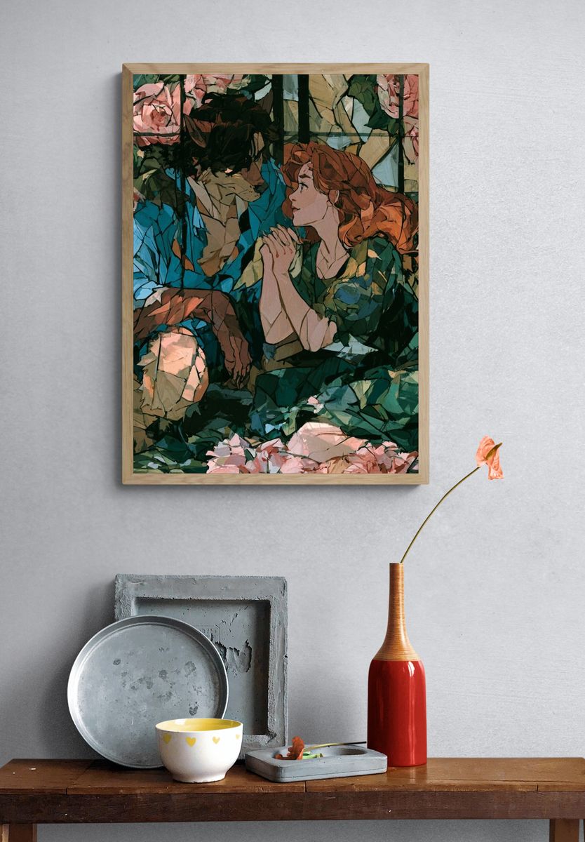 Romantic Floral Couple Illustration Poster. — room view 3