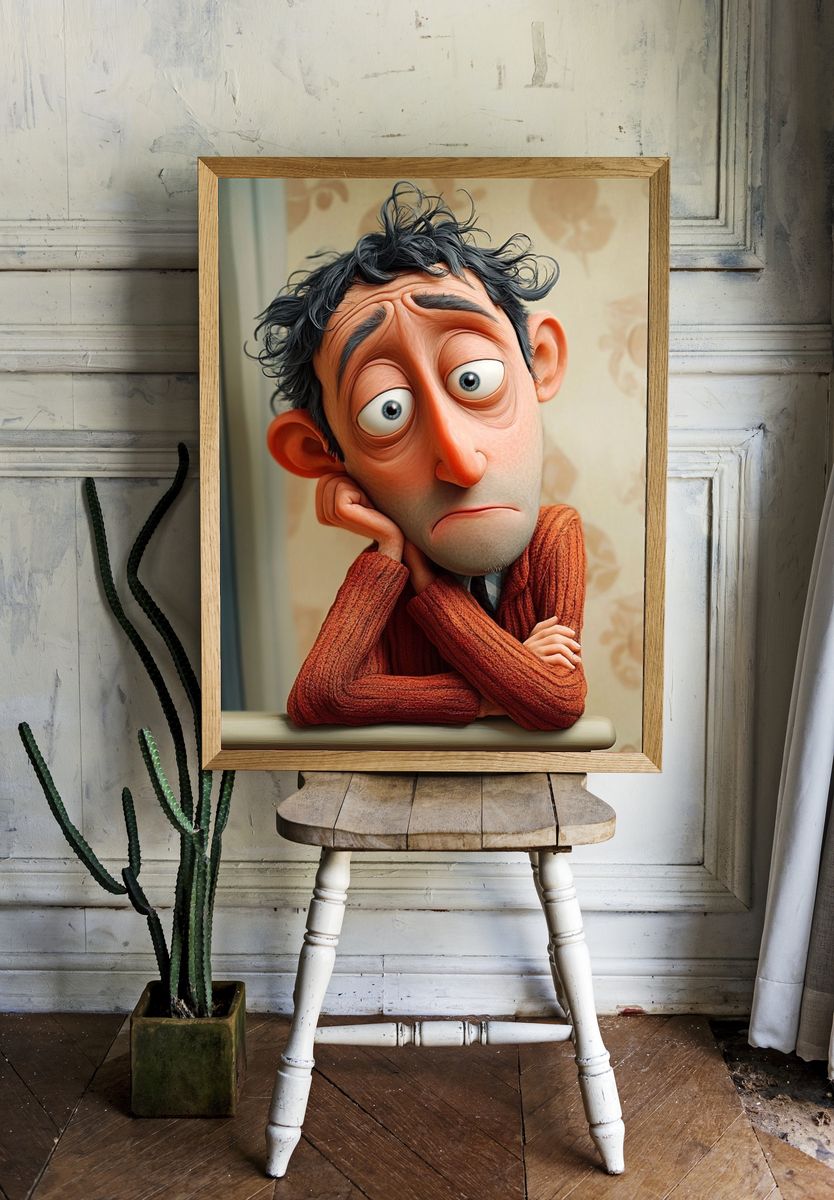 Melancholy Cartoon Portrait Poster. — room view 1