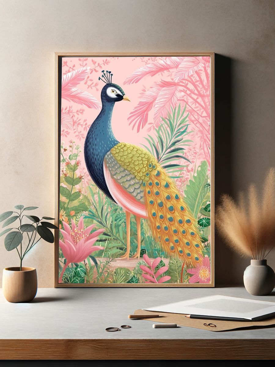 Peacock Garden Illustration Poster. — room view 2
