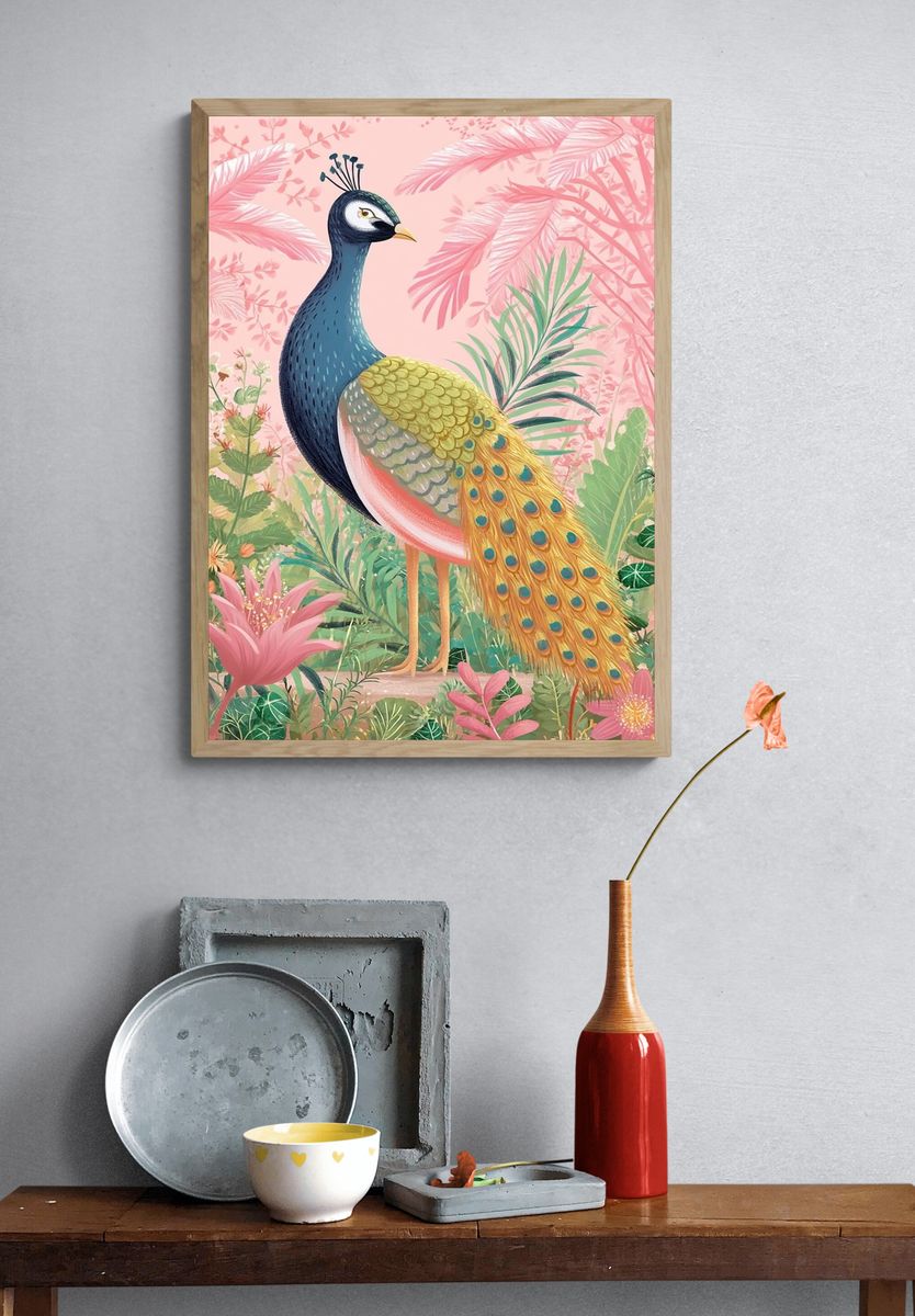 Peacock Garden Illustration Poster. — room view 3